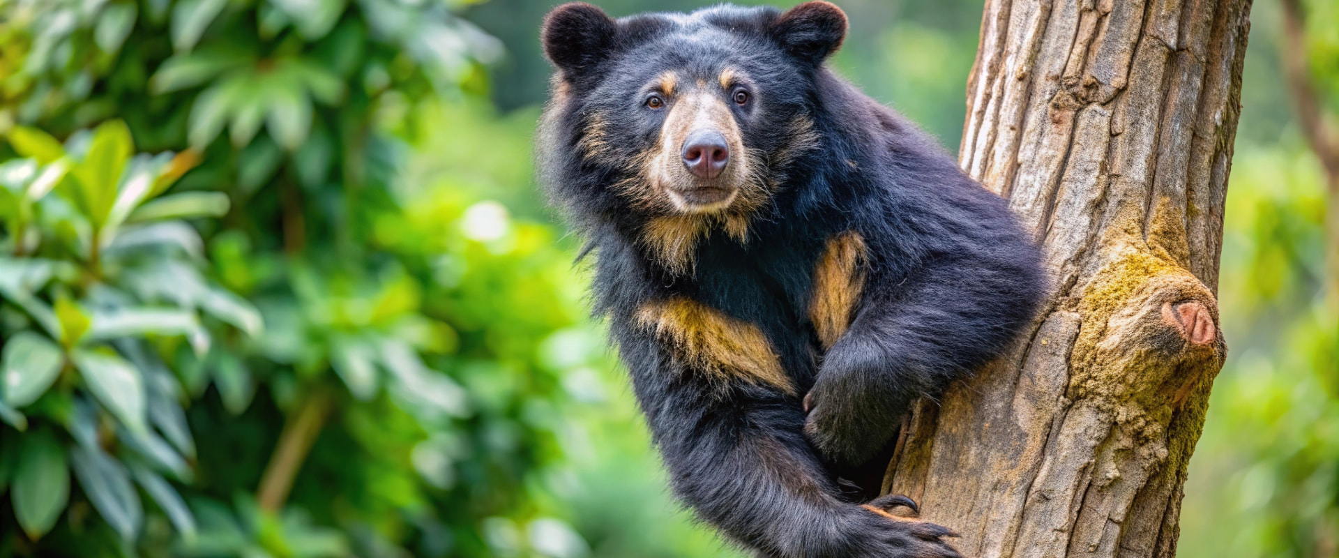 A spectacled bear resting on a tree branch in its natural habitat. A spectacled bear resting on a tree branch in its natural habitat.