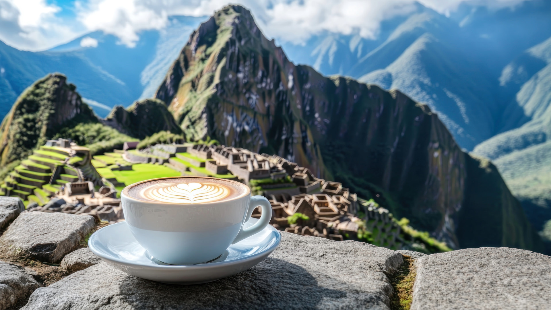 Taza de café con arte latte sobre una roca con Machu Picchu de fondo, rodeado de montañas y naturaleza - Kenko Adventure