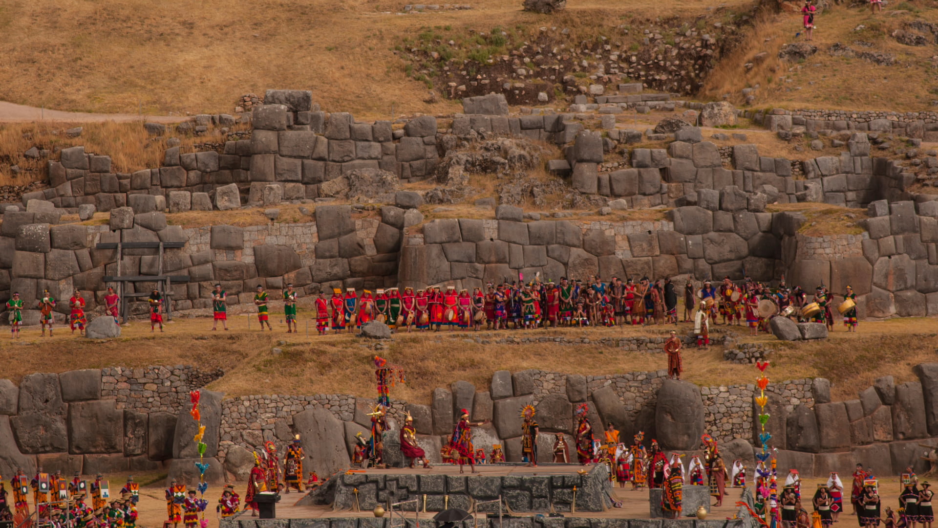 Inti Raymi ceremony at Sacsayhuamán with participants in traditional costumes and ancient stone ruins, Kenko Adventures Inti Raymi ceremony at Sacsayhuamán with participants in traditional costumes and ancient stone ruins, Kenko Adventures