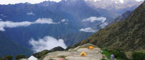 Camp on the Inca Trail amidst the Andean mountains.