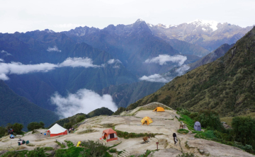 Camp on the Inca Trail amidst the Andean mountains.