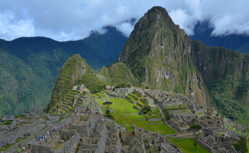 Panoramic view of the ancient Inca city of Machu Picchu, showcasing stone ruins, terraced fields, and Huayna Picchu mountain in the background.