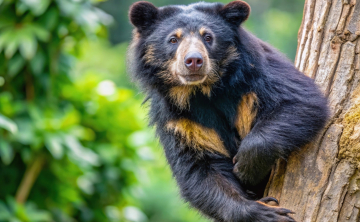 A spectacled bear resting on a tree branch in its natural habitat.