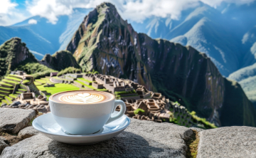 Taza de café con arte latte sobre una roca con Machu Picchu de fondo, rodeado de montañas y naturaleza - Kenko Adventure