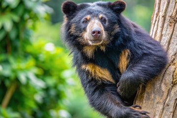 A spectacled bear resting on a tree branch in its natural habitat.