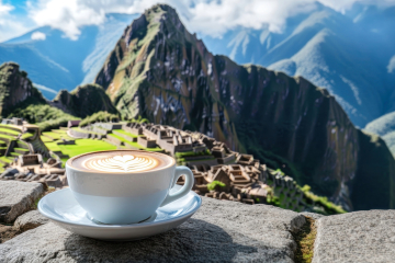 Taza de café con arte latte sobre una roca con Machu Picchu de fondo, rodeado de montañas y naturaleza - Kenko Adventure